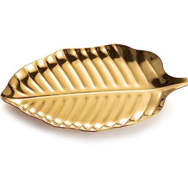 Gullbladfat Smykkerfat Rustfritt stål Mini Trinket Fat Ringskål Servantbrett til kommode (gull)