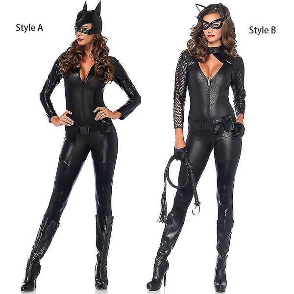 Catwomen Girl Jumpsuit PU Läder Catsuit Kostym Festoutfit Klä upp Cosplay Tight Body Svart L