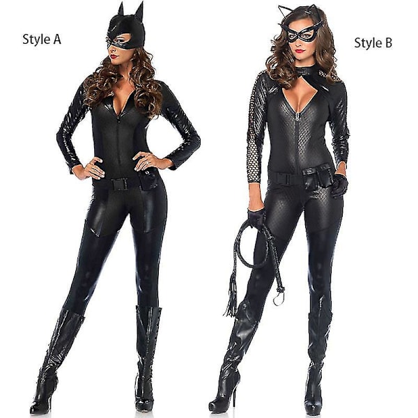 Catwomen Pige Jumpsuit PU Læder Catsuit Kostume Party Outfit Dress up Cosplay Stram Bodysuit Sort