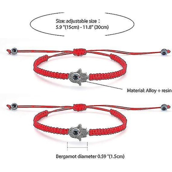 2 kpl pahan silmän rannekorusarjaa naisille ja tytöille, punainen ja musta lanka punottu Hamsa Fatiman käden amulettirannekorut, onnenkorut