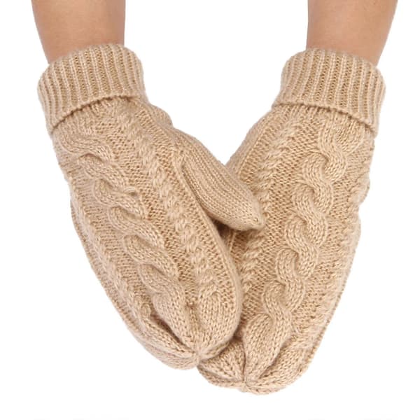 Dame bløde strikhandsker: Varme vinter-essentials. Ensfarvede, tykke vanter til hverdagsbrug Beige One Size