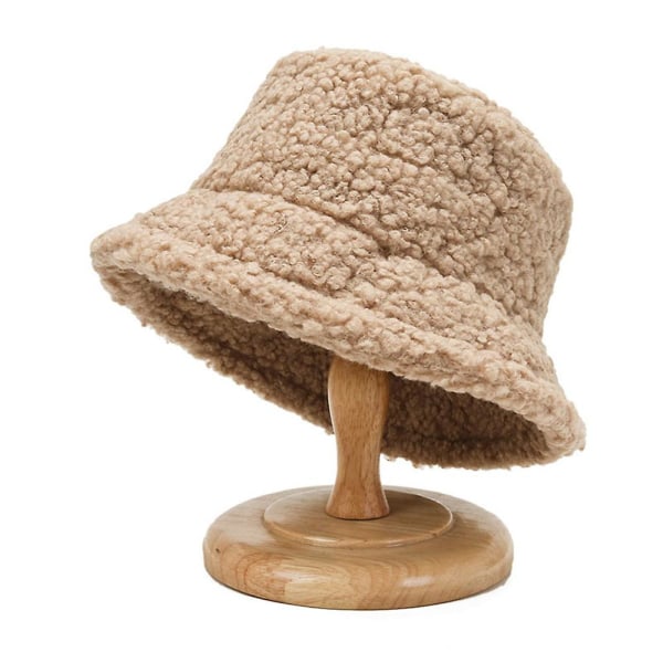 Dame Fluffy Plys Bucket Hat Dame Vinter Varm solid bamse imiteret pels Fisherman Cap Khaki