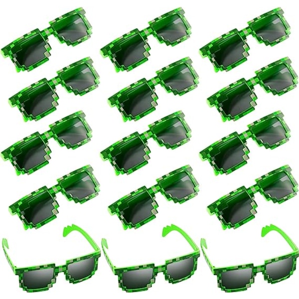 15-par Pixel Retro Gamer Robot Solbriller Pixel Solbriller Pixelated Solbriller Bursdagsfestfavoritter for barn og voksne (grønn)