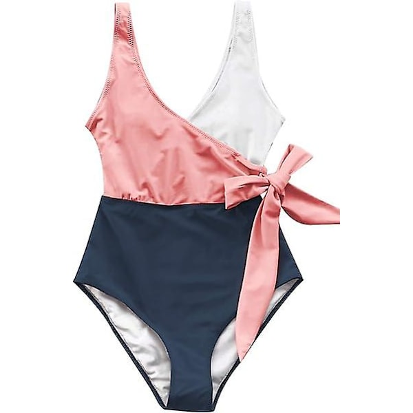 Elegantti naisten yksiosainen V-kaula-uimapuku, tummansininen/vaaleanpunainen, XL