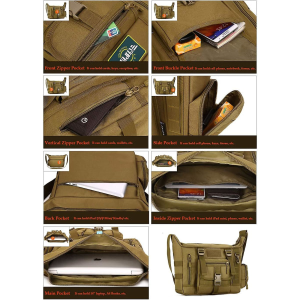 Tactical Crossbody Bag Stor vanntett bærbar PC-pakke Uformell militær skulderveske Grønn