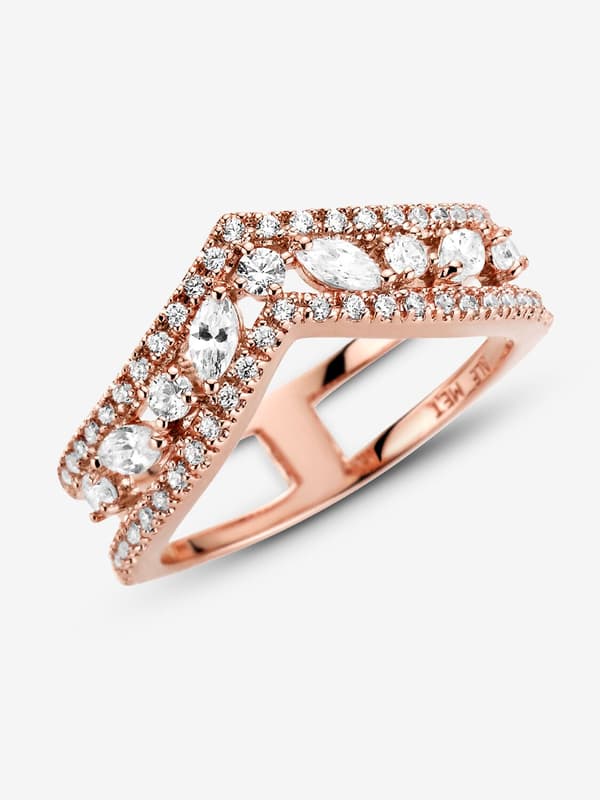 Pandora - Sparkling Marquise Double Wishbone Ring - 14k Rose Gold Plating Circumference: 54mm