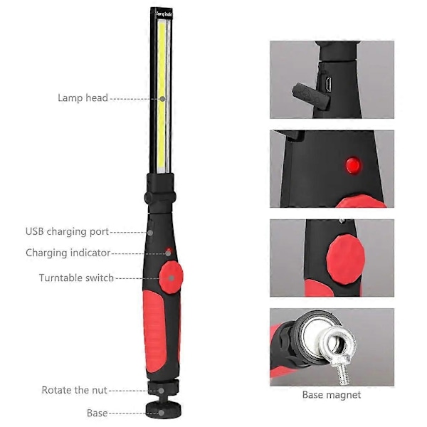 Bærbar COB LED Lommelykt USB Oppladbar Arbeidslampe Vanntett Lanterna Lampe Verksted Nød Camping Belysning Lommelykt Red