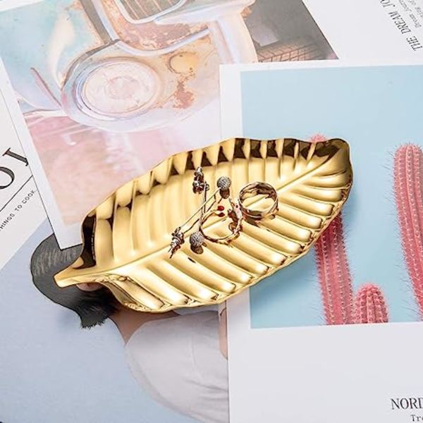 Bladguld Fad Smykker Fad Rustfrit Stål Mini Trinket Fad Ring Fad Vaskebakke til Kommode (Guld)