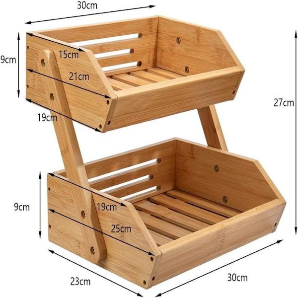 2-Tier Bamboo Fruit Basket Bread Basket Vegetable Storage Snack Stand for Kitchen and Office
