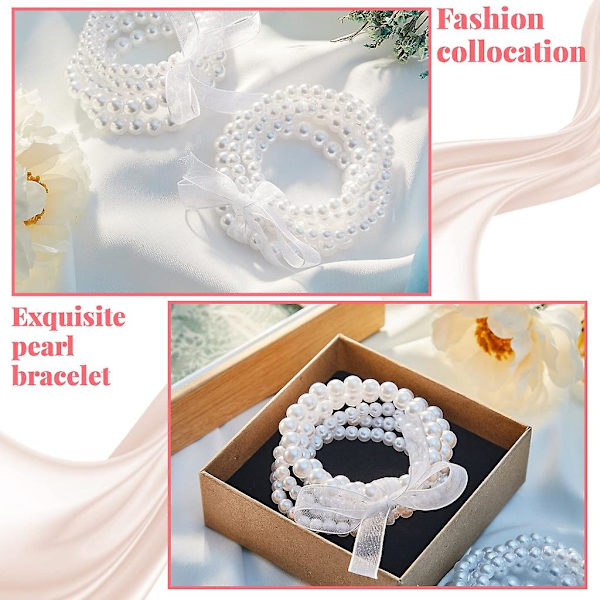 5 Pack Pearl Beaded Armbånd Sæt White Pearl Beads Armbånd med Stretch