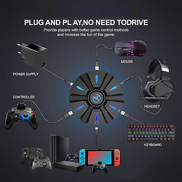 Tangentbords- och musadapter Gaming Tangentbord Mus-omvandlare för en/ps4/switch/ps3/ 360-konsoler till Black