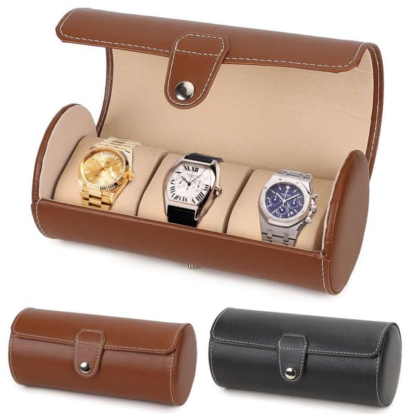 Leather Watch Travel Case 3 Slots Brown