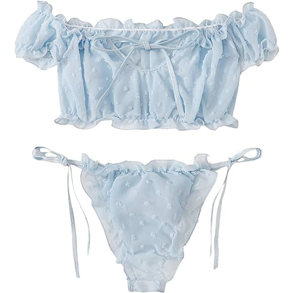 Naisten itsesidottu laskostettu jacquard- mesh - set seksikäs rintaliivit ja pikkuhousut