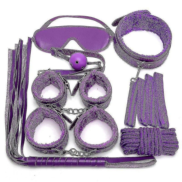7kpl/ set Nahkainen Bodaged Kit Adlt Explay Hndcffs/whps/ball Gg/rope/collr Bdm Purple