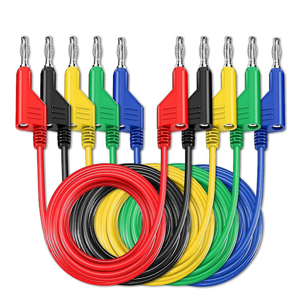 5 st dubbla 4 mm bananplugg multimeter testledningar, stapelbara koppar Pulg pluggbara mjuka kablar 1 m tråd för laboratorieelektrisk testning