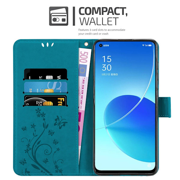 Oppo Reno6 5G Cover Case Case -kuvioinen ja telinetoiminto ja korttipaikka FLORAL BLUE