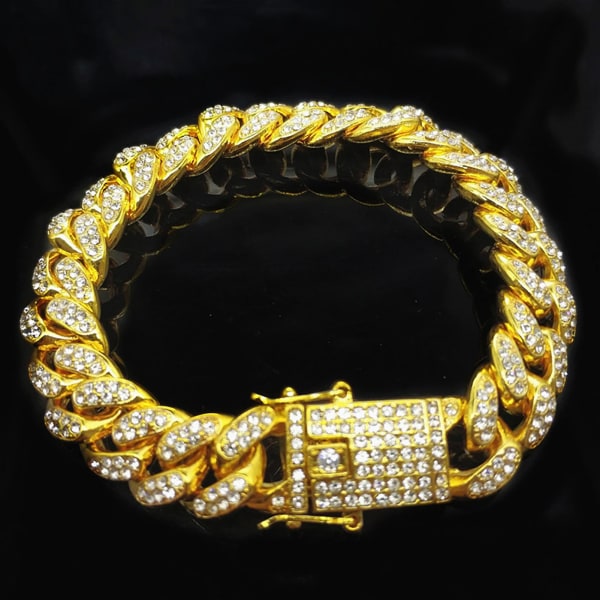 Hip Hop Menn Cuban Link Chain Armbånd skinnende Rhinestone Innlagt Bangle smykker Golden