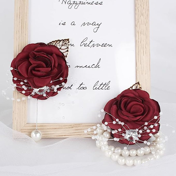 Wrist Corsage Rose Brudepige Bryllupsblomster Prom Corsage og Boutonniere Sæt til Bryllupsfest Prom Brudegom Brude (rød)