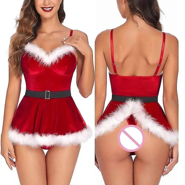 Dam Sexig Jul Cosplay Jultomte Kostym Karneval Tema Party Klubbkläder Plysch Fjäder Trim Sammet Klänning Leotard med Bälte Red S