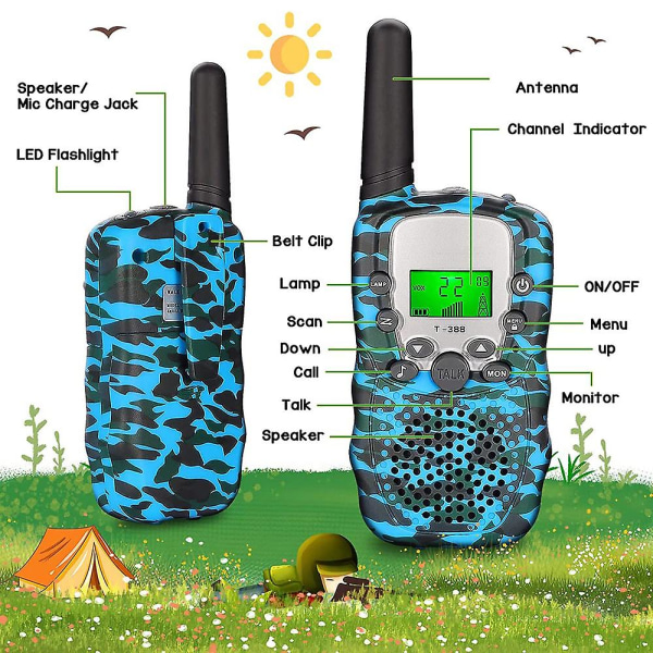 2 stk Kids Camouflage Walkie Talkie Mobil Håndholdt Transceiver Highlight Telefon Radio Interphone 3 km Mini Legetøj Gaver Dreng Pige 2pcs Blue (1 Pair)