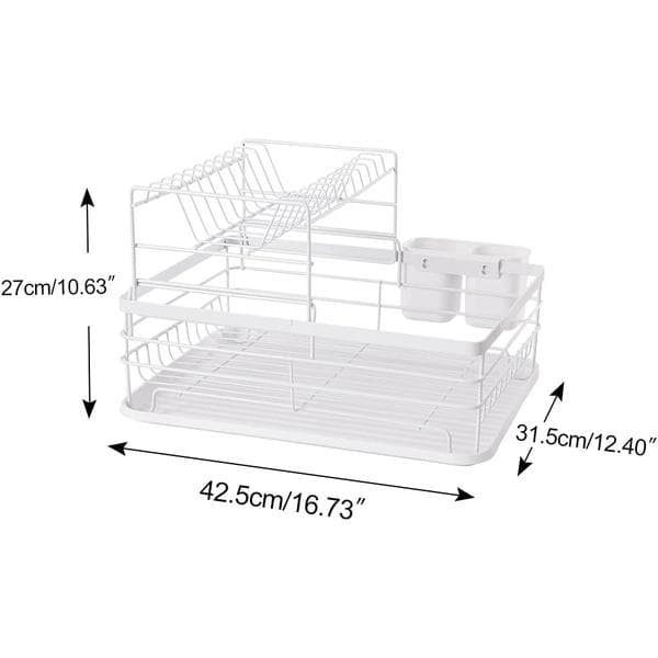 2-Tier Dish Drying Rack Kitchen Counter Plate Drainer Storage Organizer with Drain Board and Cutlery Holder - White White