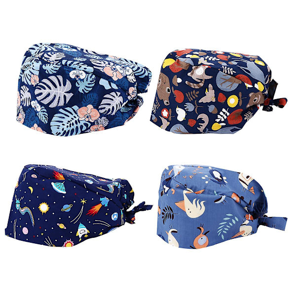4 st hösthattar kvinnor printed arbetshatt sjuksköterska hatt hårskydd sjuksköterskor kirurgisk cap kvinnor knappar Assorted Color 29X13cm
