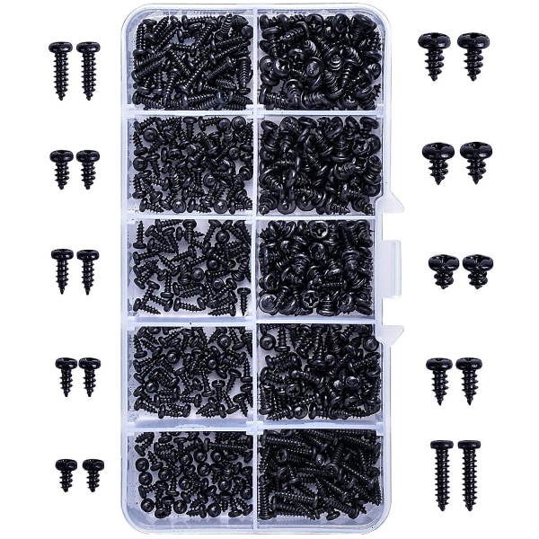 500Pcs Black Self Tapping Screws Assortment Kit, Pan Head Phillips Carbon Steel Self Tapping Screws with Box for Soft Metal Wood Plastic M2 M2.3 M2.6