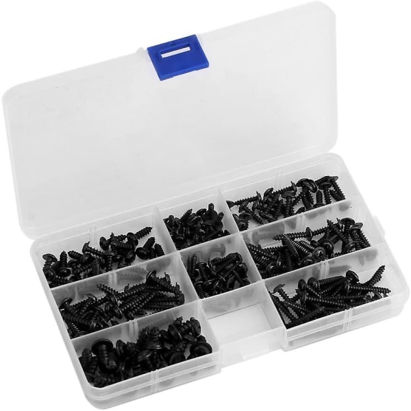 200 st svart rostfritt stål med runda självgängande skruvar sortimentssats med genomskinlig låda