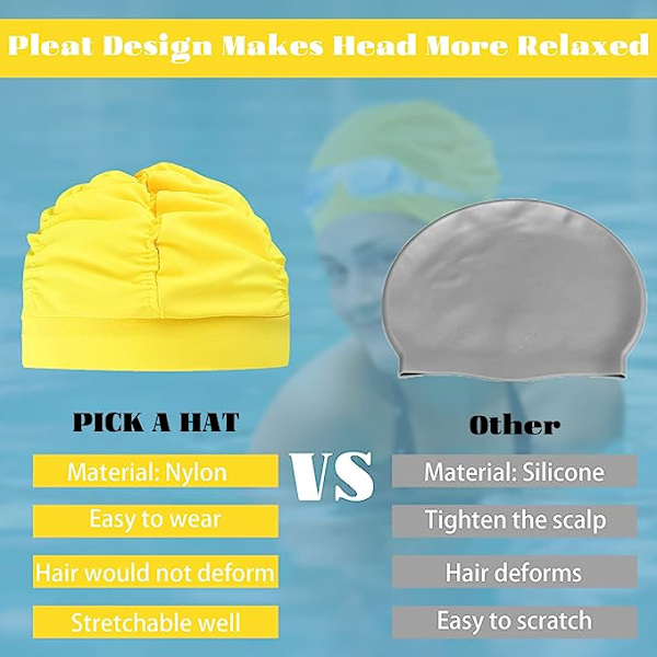 Uimahattu naisille Uimalaki cap hiuksille Suuri nylon cap laskostettu korkea elastinen cap paksuille kiharaisille pitkille lyhyille hiuksille