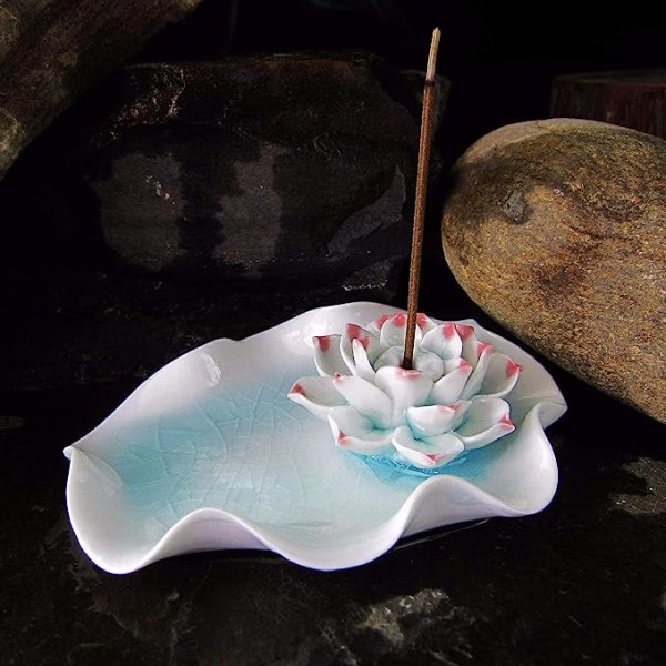 Suitsukepidike Keraaminen Käsintehty taiteellinen suitsuketeline Poltintikku Kela Lotus Ash Catcher Buddhalainen lumpeen lautanen (Azure)