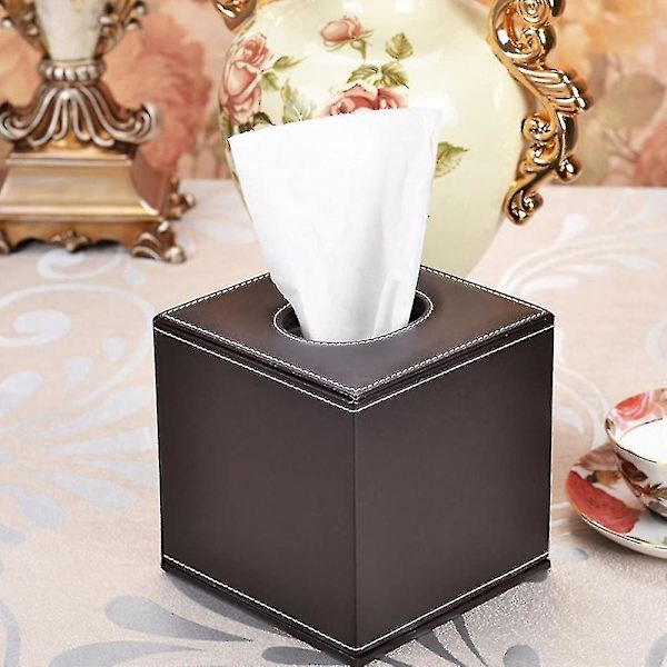 Pu Läder Tissue Box-hållare, fyrkantigt case med botten