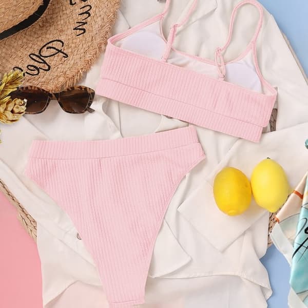 Damer Højtaljede Ribbede Cami Bikini Sæt Pink M-US8