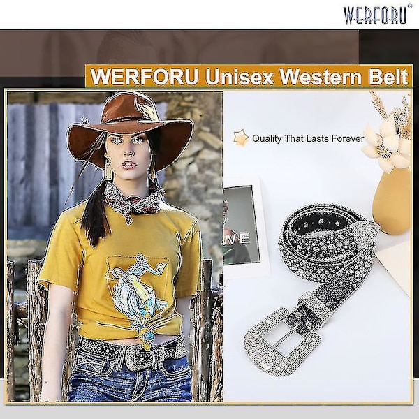 Strassbälte för män kvinnor Western Cowboy Cowgirl Bling dubbat läderbälte för jeansbyxor Black 125cm(49Inch)