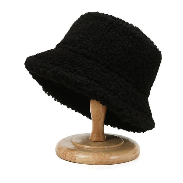 Dame Fluffy Plys Bucket Hat Dame Vinter Varm solid bamse imiteret pels Fisherman Cap Black