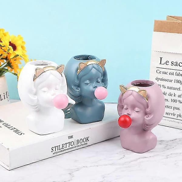 Söt flicka tuggummi figur harts blomvas dekorativ växt blomkruka KB E