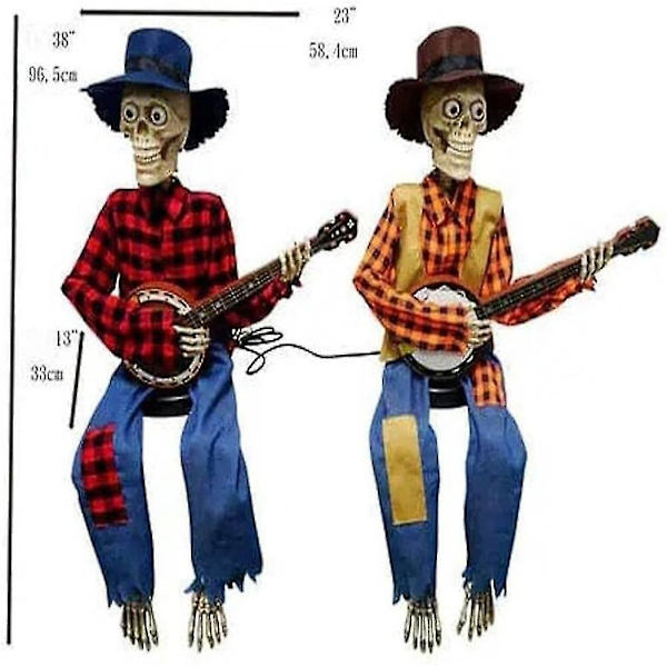 Rolig Animerad Duell Banjo Skelett,animerad Rörelse/ljud Aktiverad Musikal Flerspråkig Banjo Skelett Duo Halloween Höst Inomhus Decor-mxbc Yellow Luminous