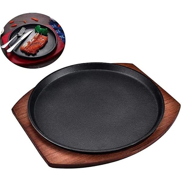 Sikkerheds-bøfplader runde med træserveringsbræt, pizzapande støbejern rund, varm serveringsskål Teppanyaki-gryde rund hård (størrelse: 19 cm) (rød, sort) (1