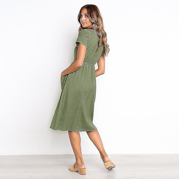 Naisten kesämekot Casual Midi-mekko Lyhythihainen paitamekko V-kaula-aukolla, nappi alas Swing A Line Tunika-mekko taskuilla green