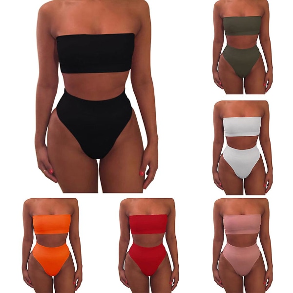 Solid Color Crop BH Bikini Badkläder Baddräkt Strandkläder Set för kvinnor black M