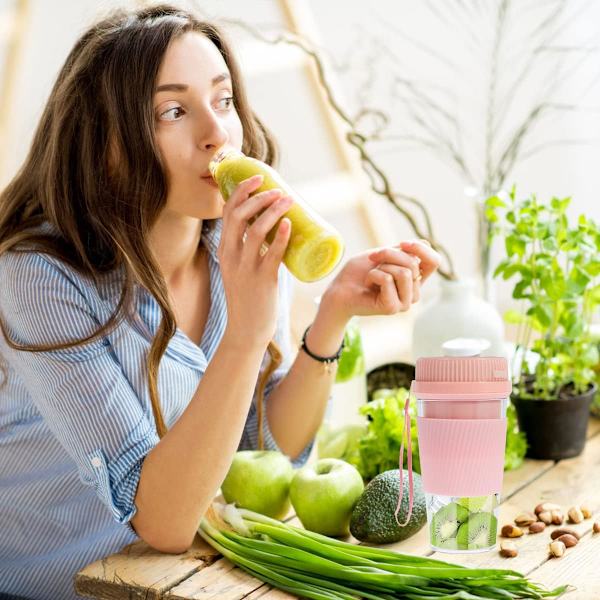 Bærbar juicepresse 300 ml kopp 1500 mah USB-lading Automatisk avstenging Egnet for reiser, kontor, treningsstudio, kjøkken, babymat (10 blader, rosa)