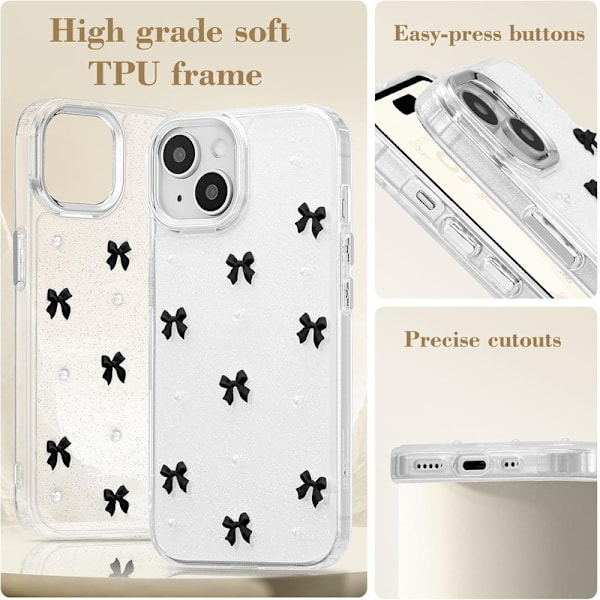 Skal för iPhone 15 Plus, Bling Glitter 3D Rosett Mobilskal Sött Glittrigt Kristallklart Rosett Slim Mjukt Tåligt Skyddande Fodral Svart Black iPhone 15 Plus