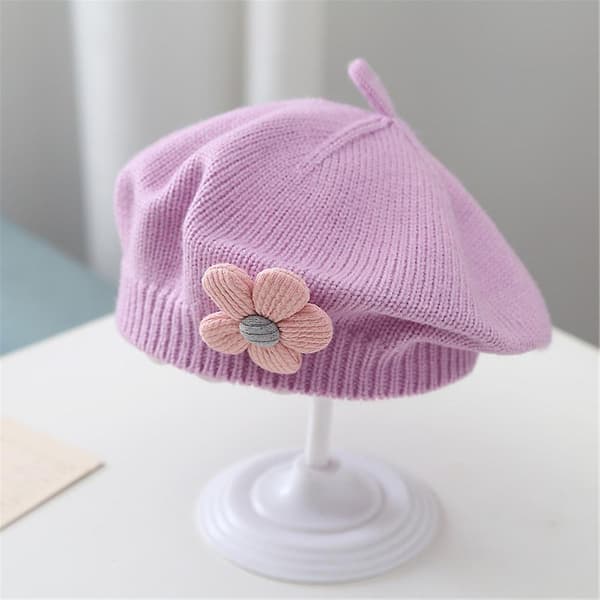 Franska baskermössor för barn, vinter, med blomma, stickad ull, konstnärsmössa, presenter Purple