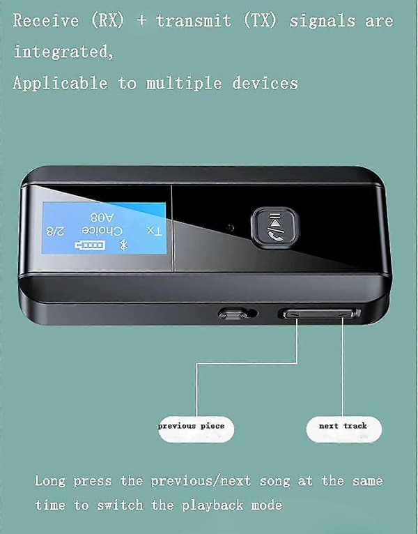 Bluetooth 5.0 sender mottaker trådløs Bluetooth-adapter 2-i-1, LED-skjerm AUX