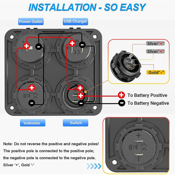Båt Rv 12v Laddare Socket Panel, 4 In 1 Dc Power 12v Outlet Panel Multi USB Snabbladdare Med Tog