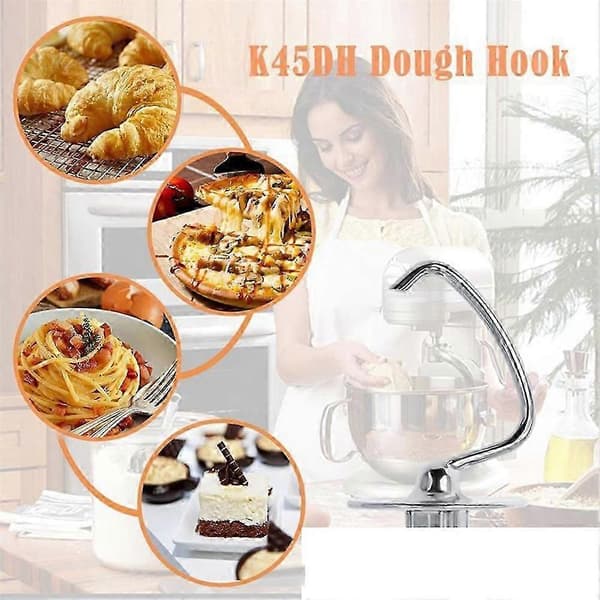 Dejkrog i rustfrit stål til KitchenAid 4,5-5 Quart røremaskine med vippehoved, K45DH udskiftning af dejkrog Silver