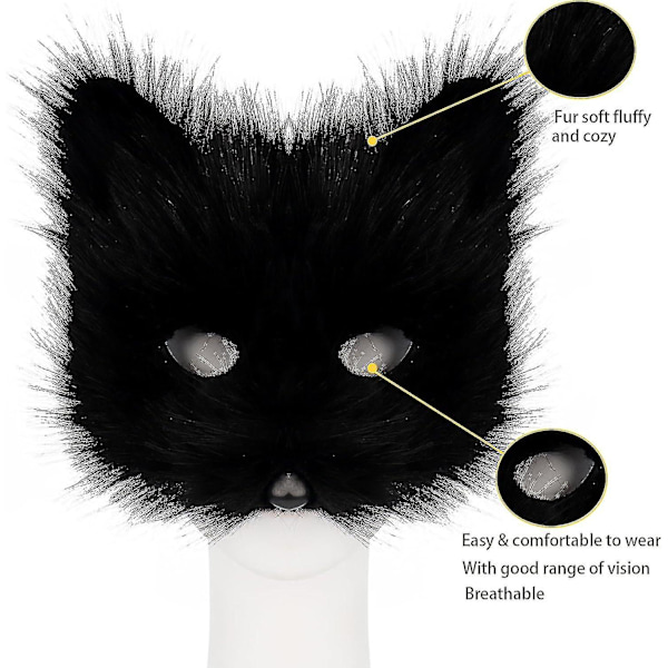 Fuskepels revehale Katt Wolf Cosplay kostymesett Plysjmaske Fluffy Paw Gloves Halloween Christmas Black
