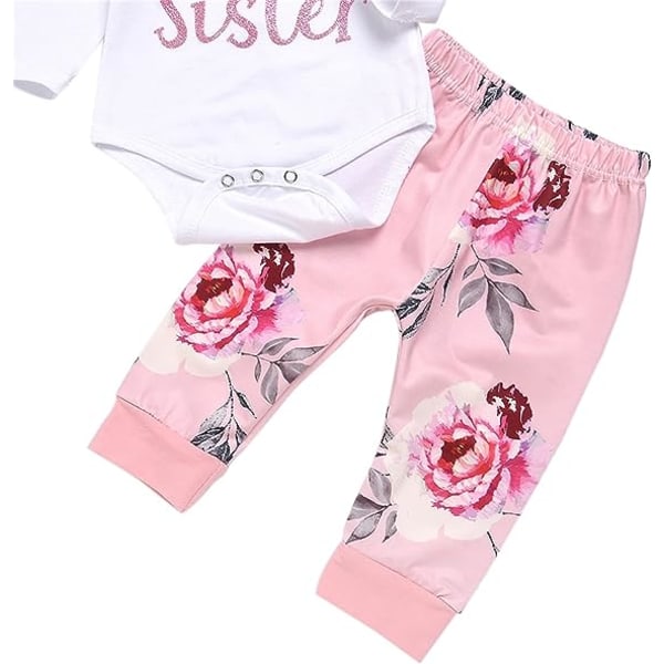 Baby jente klessett Nyfødt antrekk Lillesøster Romper Topp og rose trykt bukse og pannebånd 3 deler Pink 3-6 months