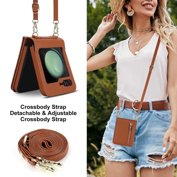 Z Flip 5 Pung Etui, Crossbody Lynlås Læder Stativ Etui Til Samsung Galaxy Z Flip 5 Med Kortholder Brown