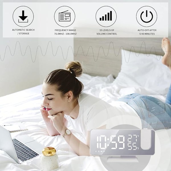 Projector Alarm Clock, Clock Radio with Temperature, Humidity, 7.5 Inch Mirror LED Display, with Automatic Dimming Function, (White)