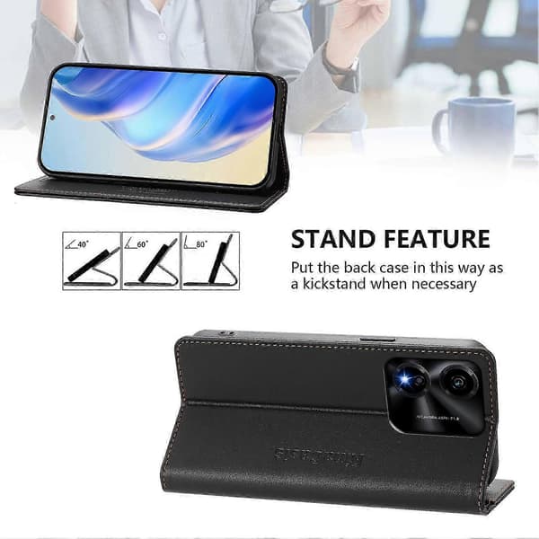 Kompatibelt läderfodral för Honor X5c Plus RINACASIS RC01 mobilskal med RFID-plånboksstativ Black